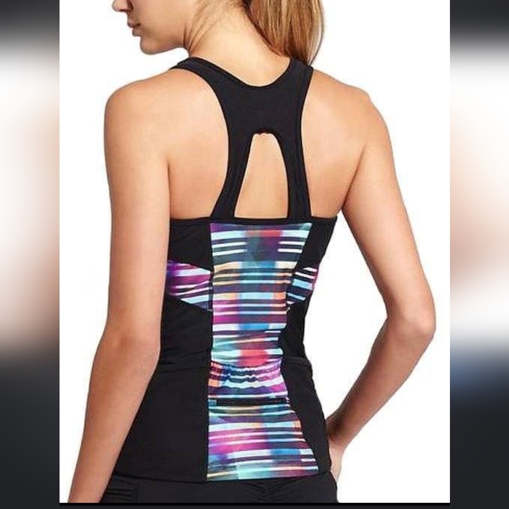 ATHLETA Tankini Top Swim Out Open Back SzXXS Rainbow Stripe Mesh Performance